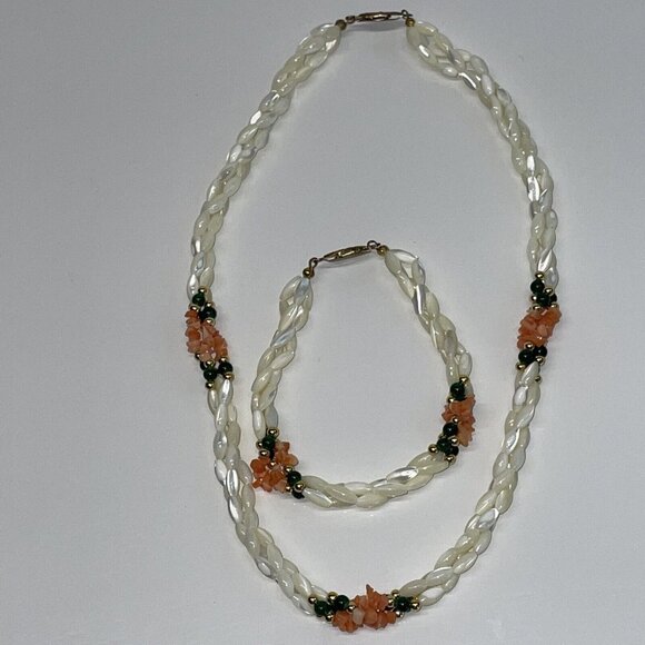VTG Muli-Strand Rice Twisted Mother of Pearl Jade Coral Necklace & Bracelet N6 - Picture 4 of 11